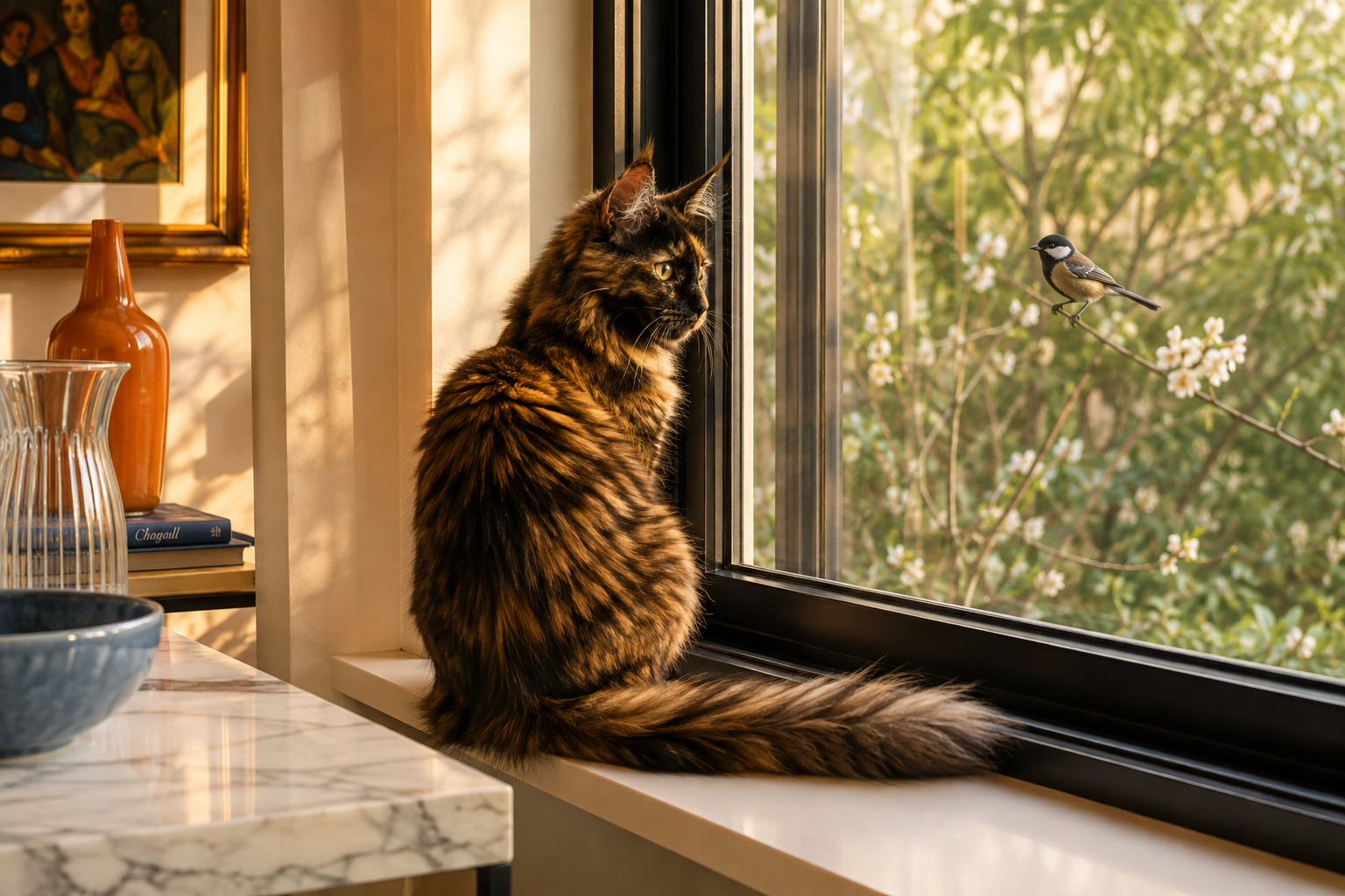 A tortoiseshell cat sits on a sunlit windowsill, watching a small bird on a blossoming branch just outside the glass.