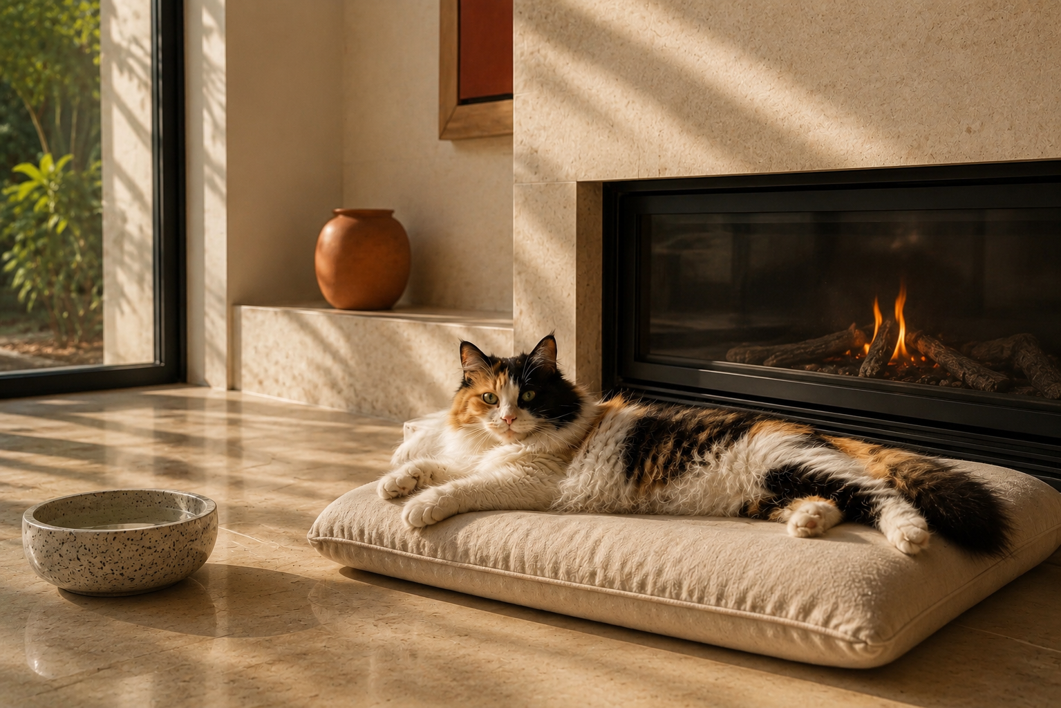 A calico cat resting beside a gas fireplace in late afternoon light