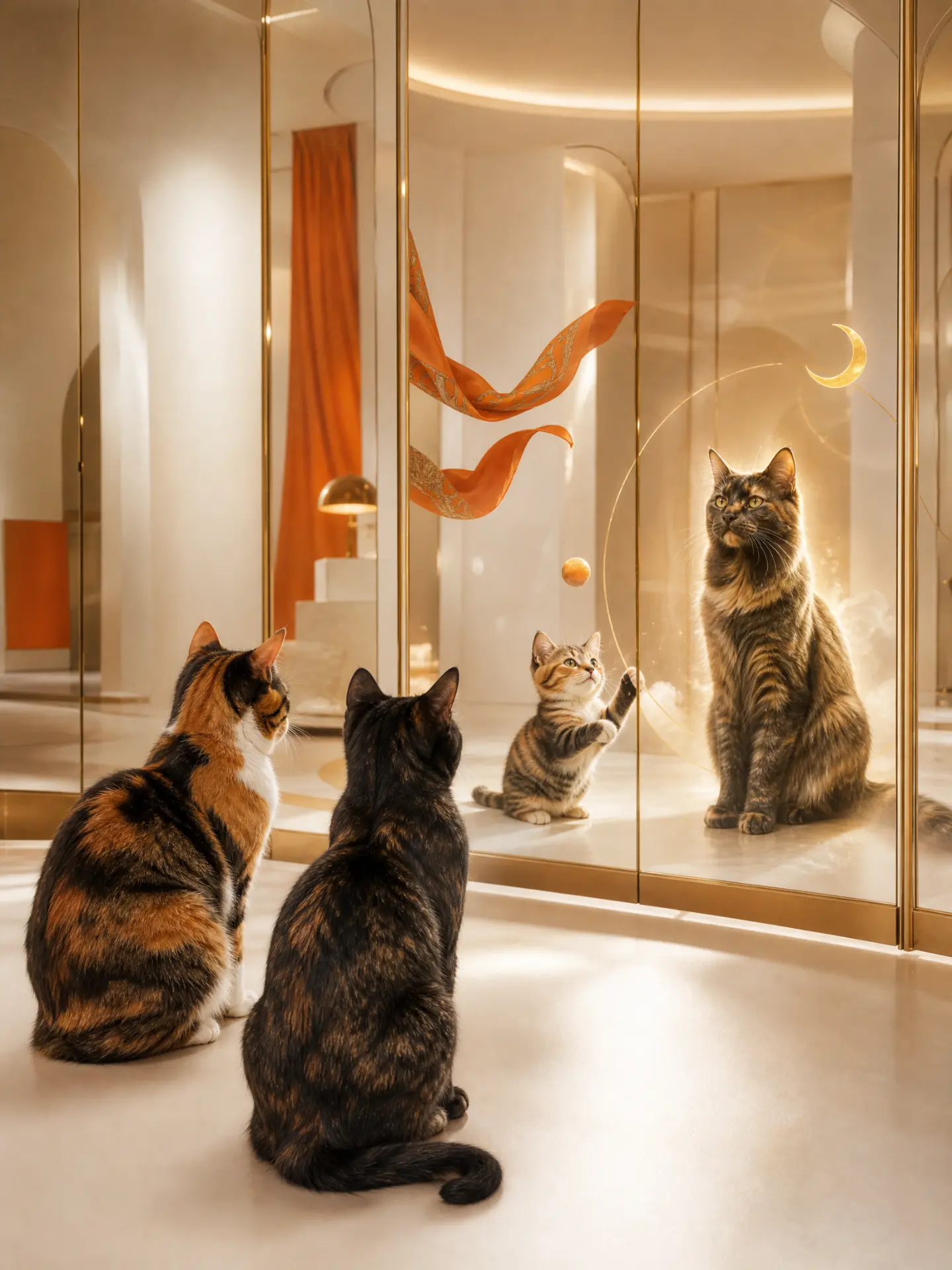 Two cats before a mirror that returns them younger, a crescent moon glowing in the reflection