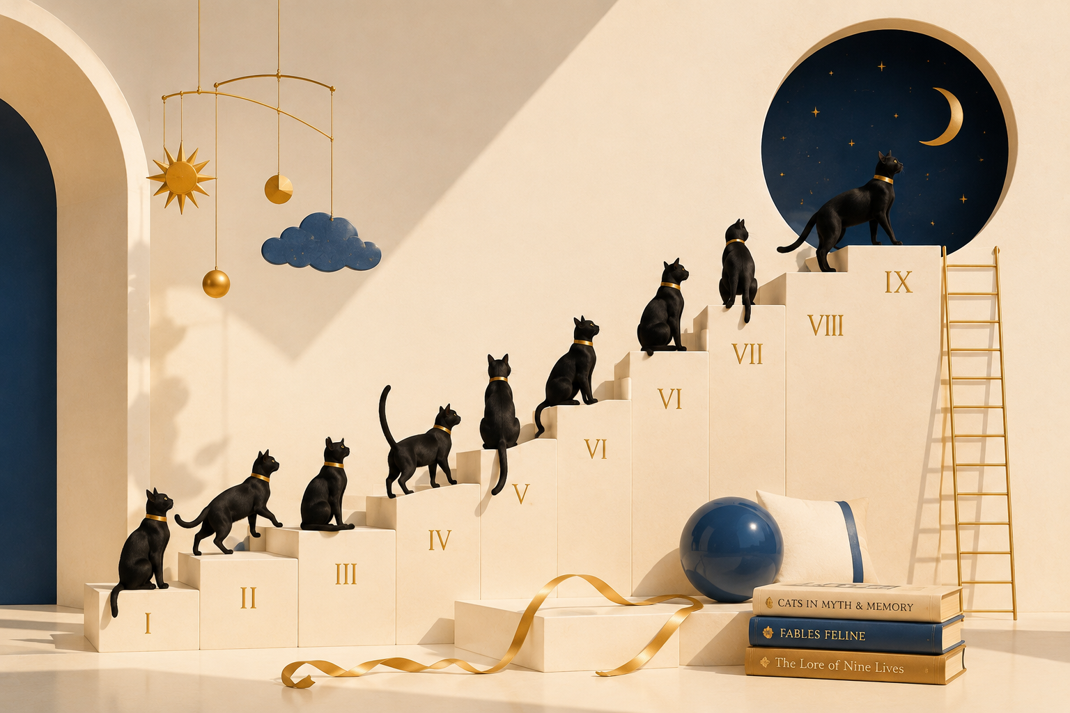 Cream paper-craft scene of a black cat crossing a limestone bridge beneath a gold crescent moon and hanging mobiles