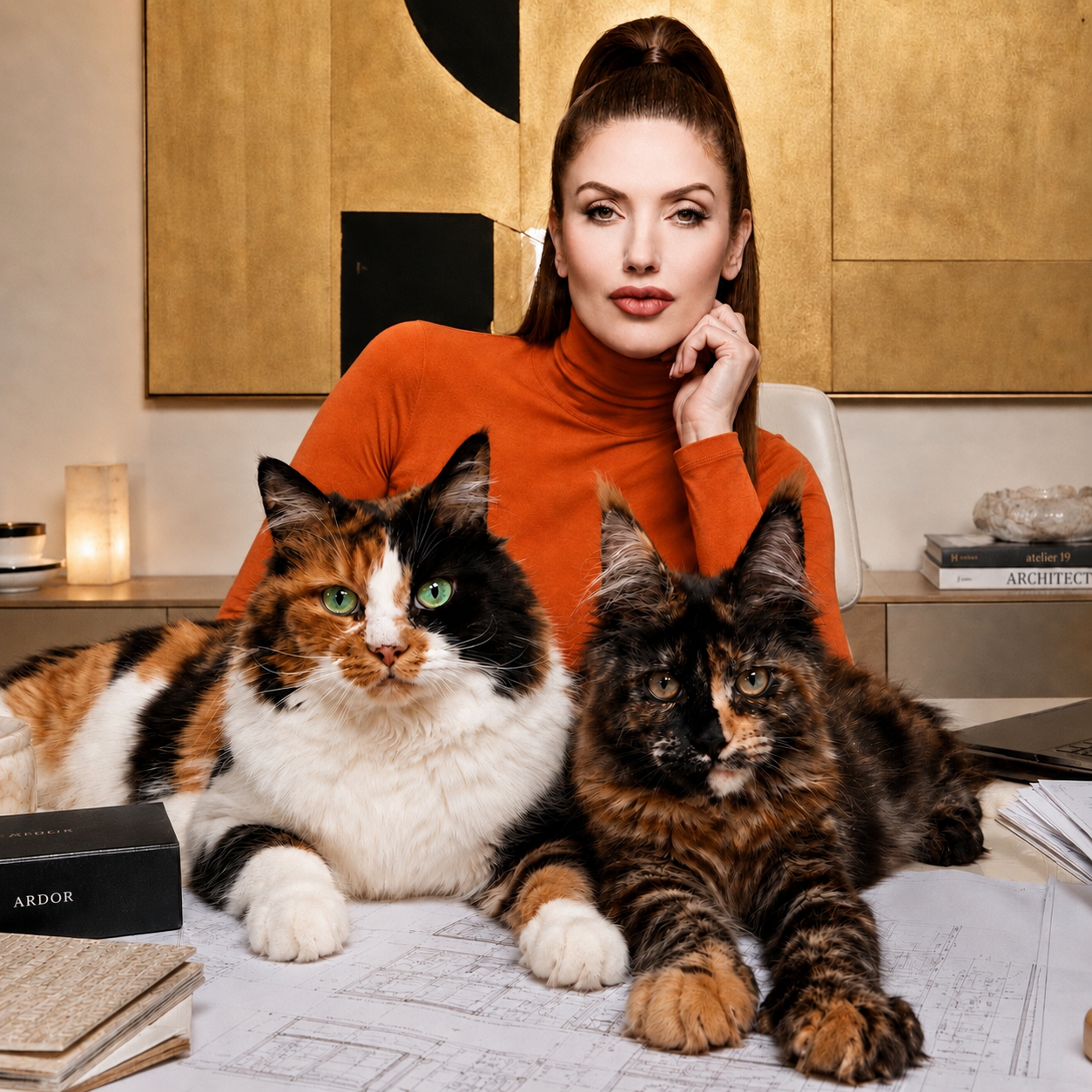 Lily Aleksand of Feline Lore at her desk with her two Maine Coon cats