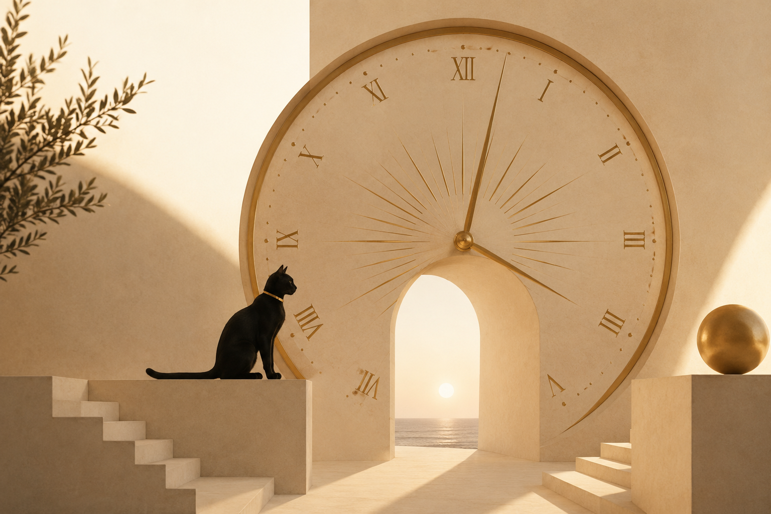 A black cat seated on a limestone stair before a monumental clock whose archway opens toward the sea at sunrise
