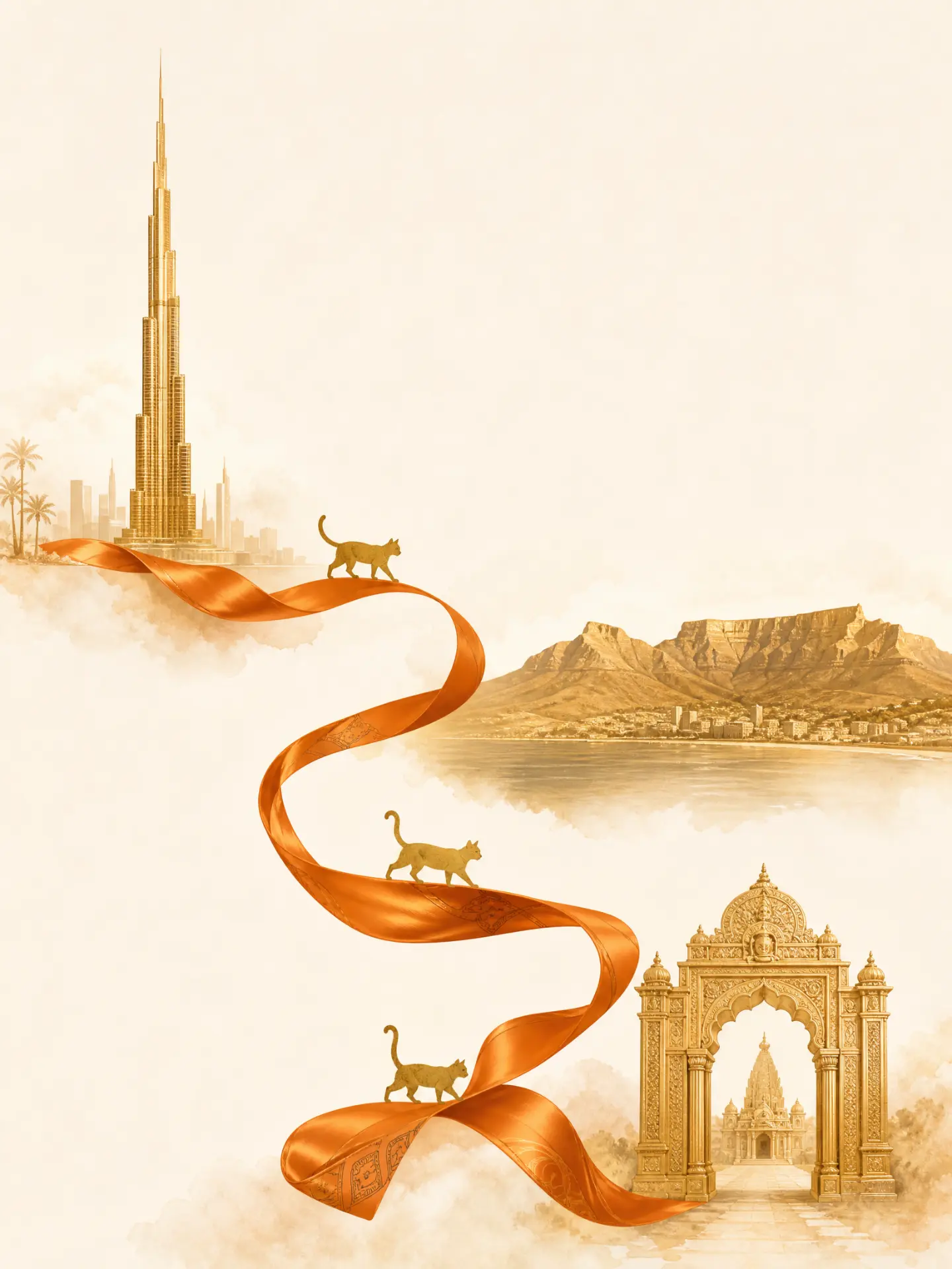 Cats walking a ribbon that winds between Dubai, Table Mountain and an Indian temple gate