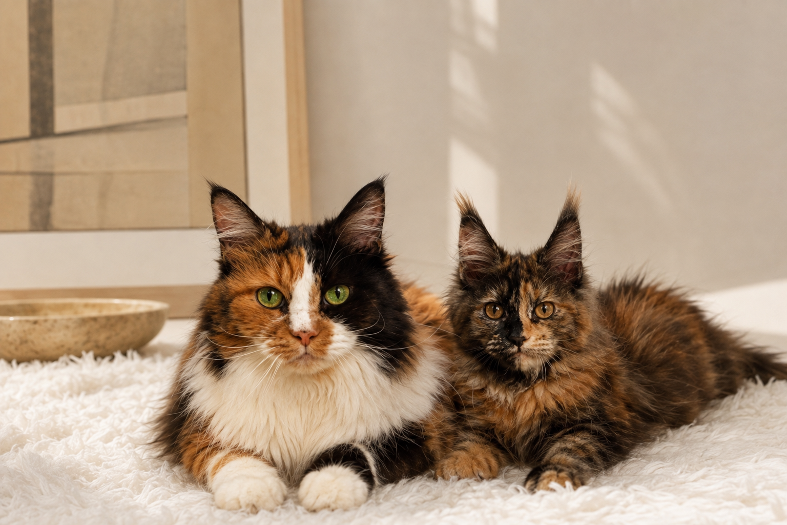 Missy and Chagall together on a white rug in a sunlit Toronto room