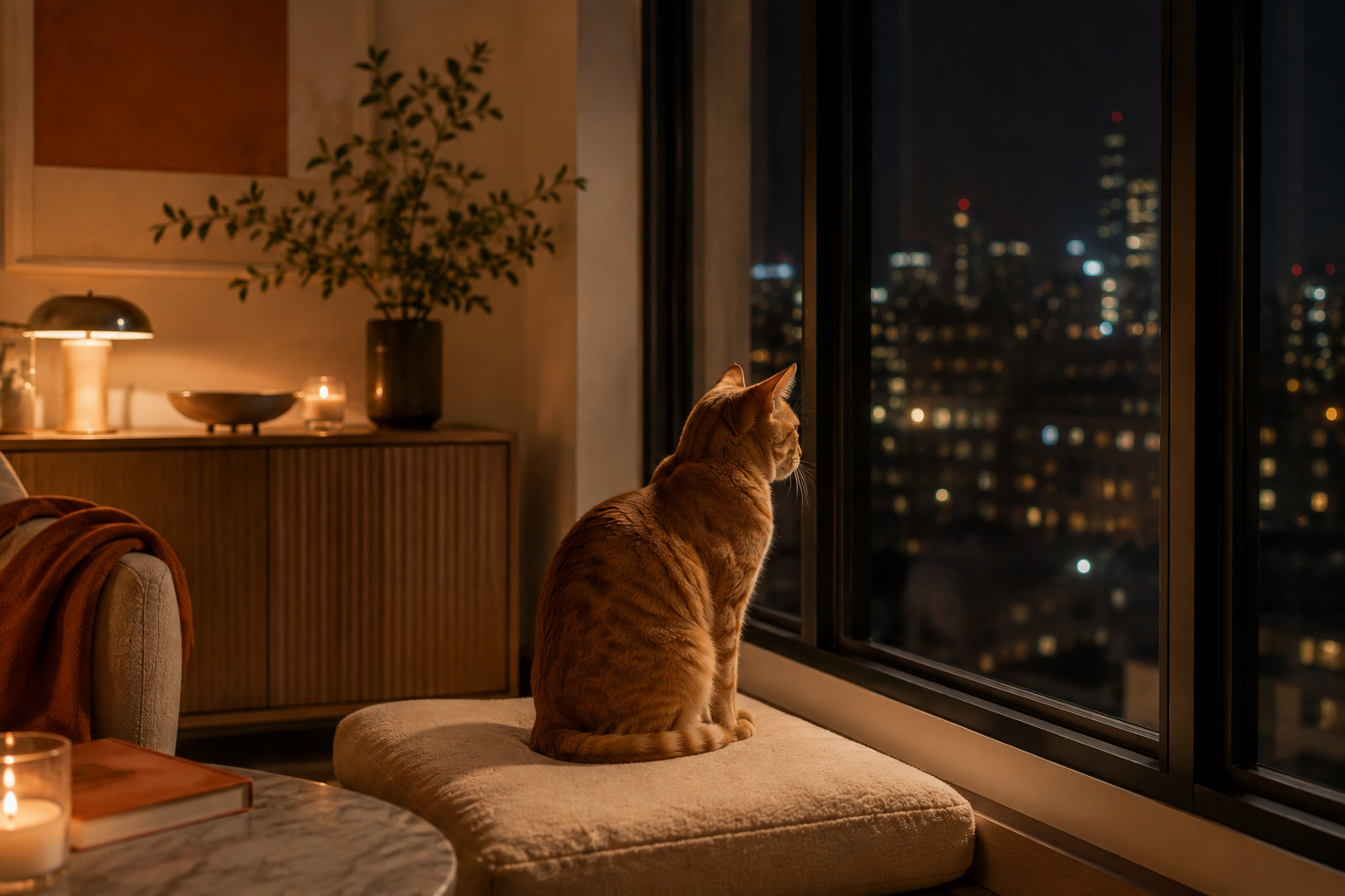 An orange tabby cat sits on a cushioned window seat at night, looking out over city lights.