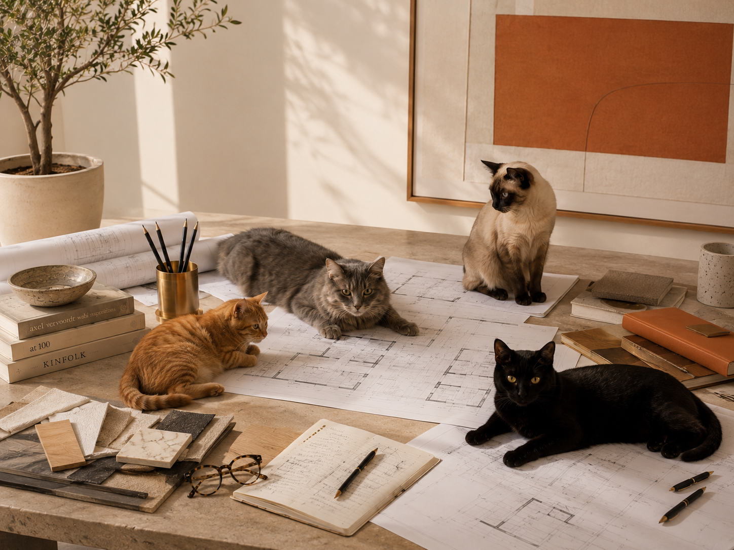 Four cats resting on architectural drawings spread across a stone desk, surrounded by notebooks, material samples, pencils and a potted olive tree