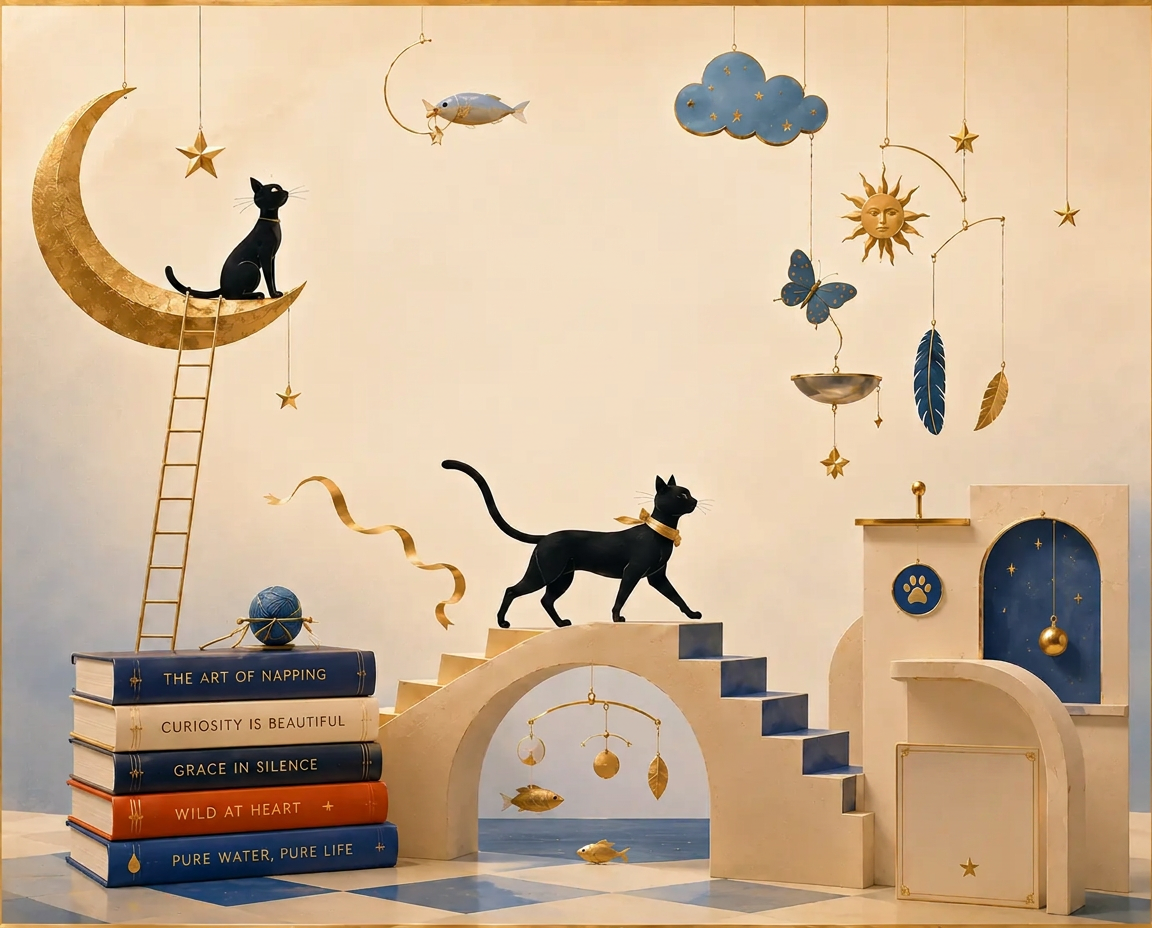 Cream paper-craft scene of a black cat climbing pale steps beside a gold pocket watch, navy arch and stacked books