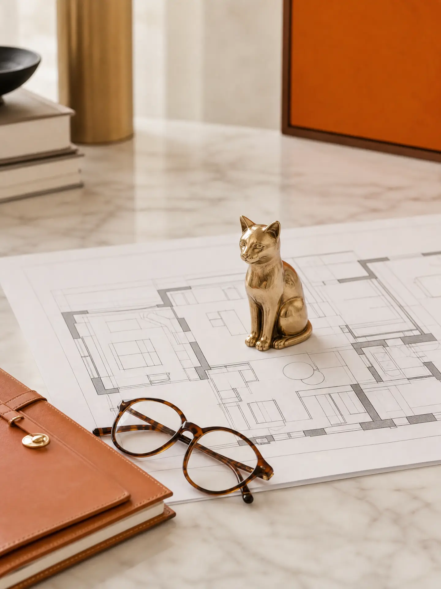 A brass cat seated on an architectural floor plan beside reading glasses and a leather folio