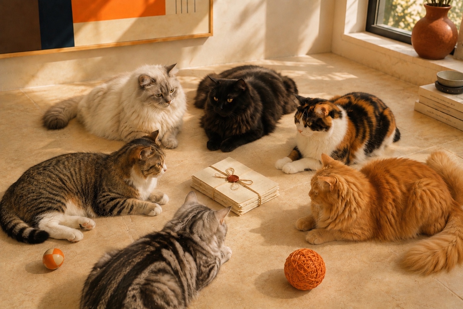 Six cats gathered in a warm room around a sealed bundle of letters and a glowing lantern, a quiet circle of companionship